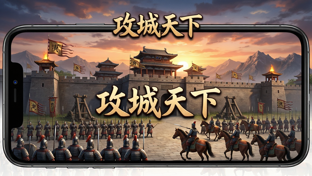 手机屏幕中展示一座宏伟的三国城池,城墙高耸,旗帜飘扬,城外有军队列阵,远处山脉连绵,天空晚霞映照,画面中央用醒目字体写着“攻城天下”,整体风格为写实古风游戏宣传图,布局为竖版手机海报,排版上方为游戏名称下方为城池场景,细节包含铠甲士兵、战马、攻城器械、烽火台,画质高清,干净,无多余元素