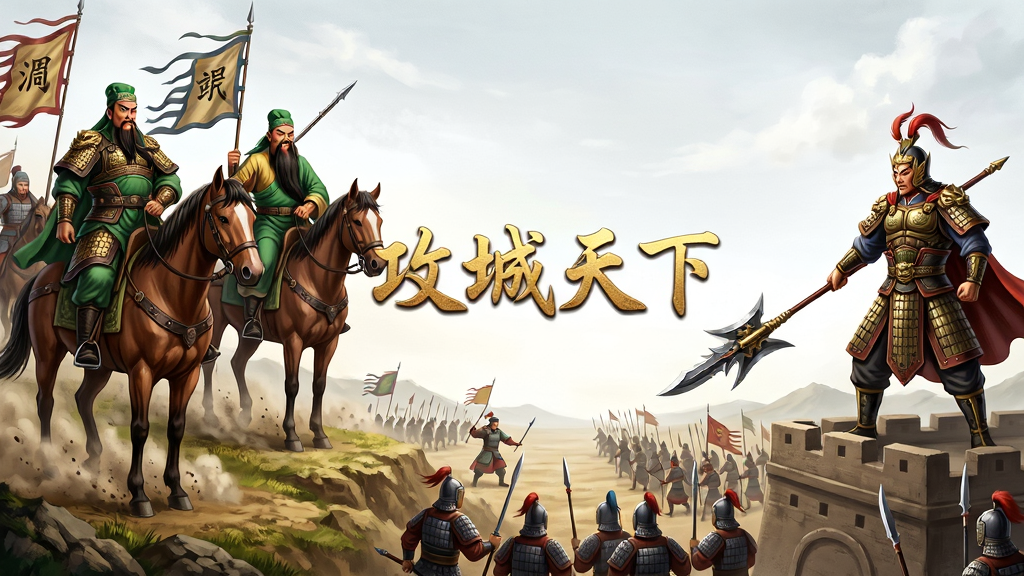 古代三国战场全景,左侧刘备关羽张飞三人骑马立于山坡,右侧吕布持方天画戟立于城下,中间是交战中的士兵方阵,画面中央用金色字体写着“攻城天下”,风格为史诗级国风插画,布局为横版宽幅,排版人物居左右两侧中间留白突出标题,细节包含战旗、铠甲纹路、尘土飞扬,画质高清,干净,无多余元素