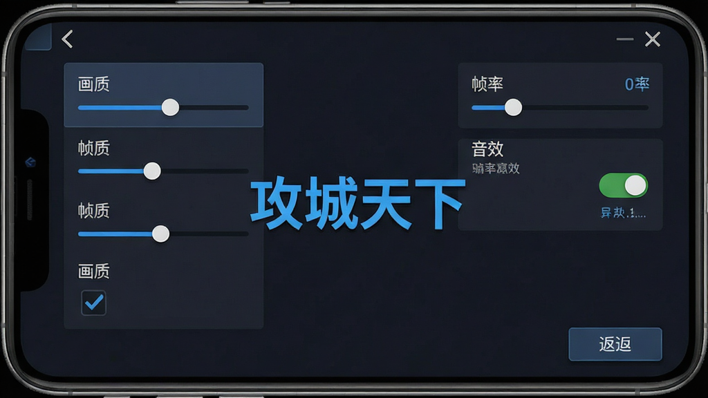 手机屏幕显示游戏设置界面,左侧是画质选项,右侧是帧率与音效开关,画面中央用蓝色字体写着“攻城天下”,风格为简洁的UI界面截图,布局为左右分栏,排版选项清晰,细节包含滑动条、勾选框、返回按钮,画质高清,干净,无多余元素