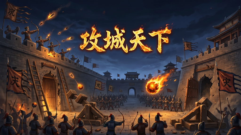 夜晚的三国城池攻防战,城墙上有守军射箭,城下有大量士兵架云梯攻城,投石车抛出火球,画面中央用火焰字体写着“攻城天下”,风格为激烈战争场景插画,布局为宽幅全景,排版左侧攻城方右侧守城方,细节包含燃烧的箭矢、破损的城门、飘扬的阵营旗帜,画质高清,干净,无多余元素