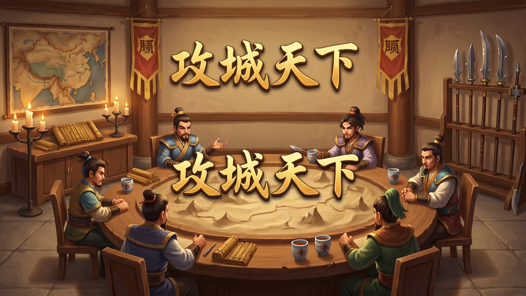 三国风格的联盟大厅内部,多位玩家角色围坐在沙盘前讨论战术,墙上挂着地图与旗帜,画面中央用金色字体写着“攻城天下”,风格为温暖的室内场景插画,布局为圆形围坐构图,排版人物围绕沙盘,细节包含烛台、竹简、酒杯、兵器架,画质高清,干净,无多余元素