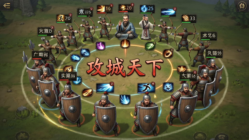三国武将在圆形阵法中排列,前排是持盾步兵,后排是弓箭手与谋士,武将头顶显示名字与技能图标,画面中央用红色字体写着“攻城天下”,风格为策略游戏战斗界面截图,布局为圆形阵列居中,排版武将围绕中心排列,细节包含技能光效、兵种标识、羁绊连线,画质高清,干净,无多余元素