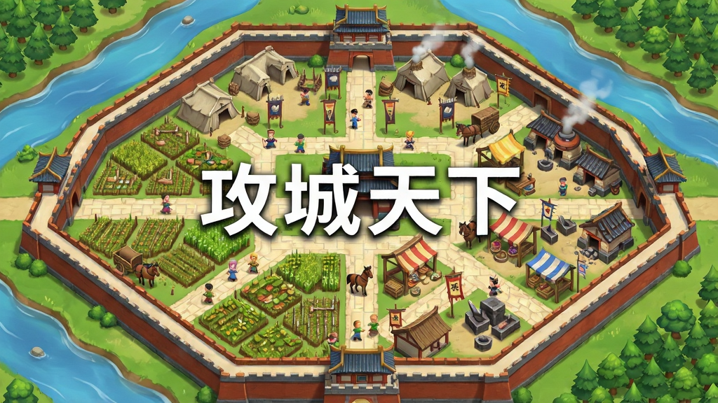俯瞰视角的三国风格城池,城内分布着农田、兵营、市场、铁匠铺等建筑,道路整齐,城墙环绕,城外有河流与树林,画面中央用白色字体写着“攻城天下”,风格为清新明亮的模拟经营游戏截图,布局为方形全景,排版建筑错落有致,细节包含忙碌的居民、运输马车、炊烟,画质高清,干净,无多余元素