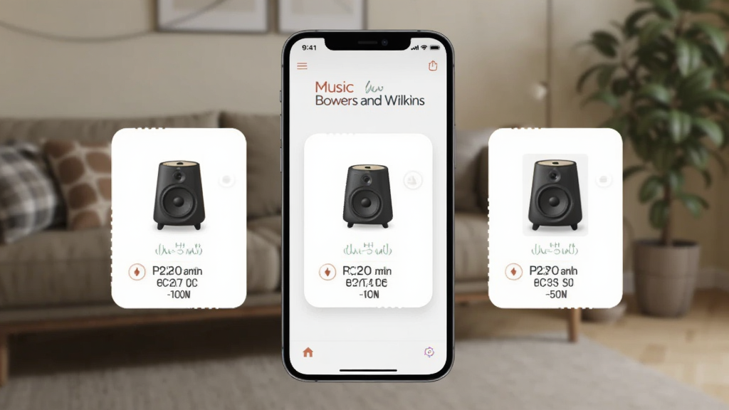 һ��չʾ Music Bowers and Wilkins Ӧ���豸��������ĳ���ͼ��������һ���ֻ�����ʾ����̨����Τ�������ͼ�꣬ÿ̨�����·���ע������״̬�͵�������������ܰ�ļҾӻ�������ɳ������ֲ������Ϊ�ֻ����У�����ͼ�껷�����С�������ִ���ϸ�ڰ���Ӧ������