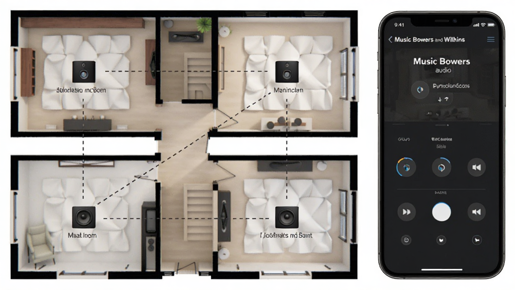 һ��չʾ Music Bowers and Wilkins Ӧ�ö෿����Ƶͬ�����ܵĳ���ͼ����������ʾ��������ƽ��ͼ��ÿ����������һ̨����ͼ�꣬��������ͨ���������ӱ�ʾͬ�����š��ֻ���Ļ��ʾ������ƽ��档����Ϊƽ��ͼ���ֻ���Ļ��ϣ�����ִ����ܼҾӸУ�ϸ�ڰ���Ӧ������