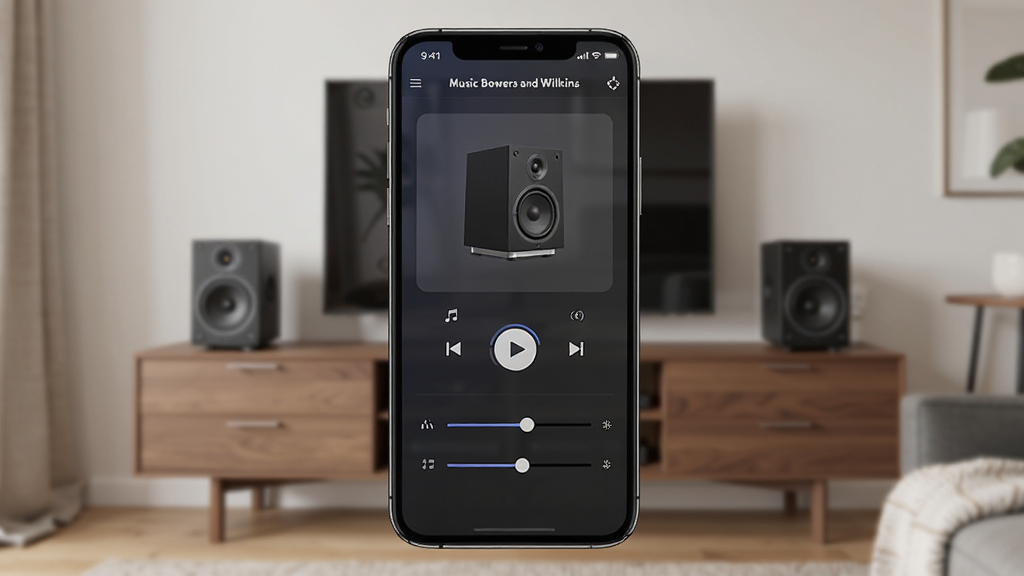 һ��չʾ Music Bowers and Wilkins Ӧ�ý�����ֻ���ĻЧ��ͼ������������һ���ִ������ֻ�����Ļ����ʾ��Ӧ�õ���ҳ�����������豸ͼ�ꡢ���ֲ��ſ��ư�ť����Ч���ڻ��顣�����Ǽ�Լ�Ŀ�����������һ̨����Τ����������ڵ��ӹ��ϡ����ֲ��þ��й�ͼ���ֻ���Ļ���������ɼ������Ϊ�Ƽ�����Ӽ���ܰ�ںϣ�ϸ�ڰ���Ӧ������