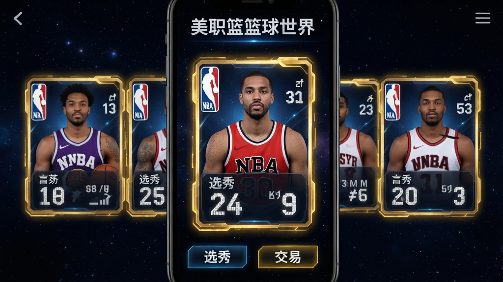 手机屏幕竖版展示一排发光的NBA球星卡牌,卡牌上有球员半身像和数字属性,背景为深色星空,顶部写