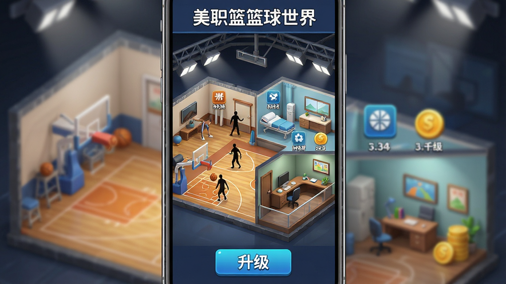 竖版手机屏幕展示篮球球队经营界面,主体为一座现代化篮球馆的剖面图,馆内分为训练室、医疗室、财务室三个区域,每个区域有图标和数字,顶部写