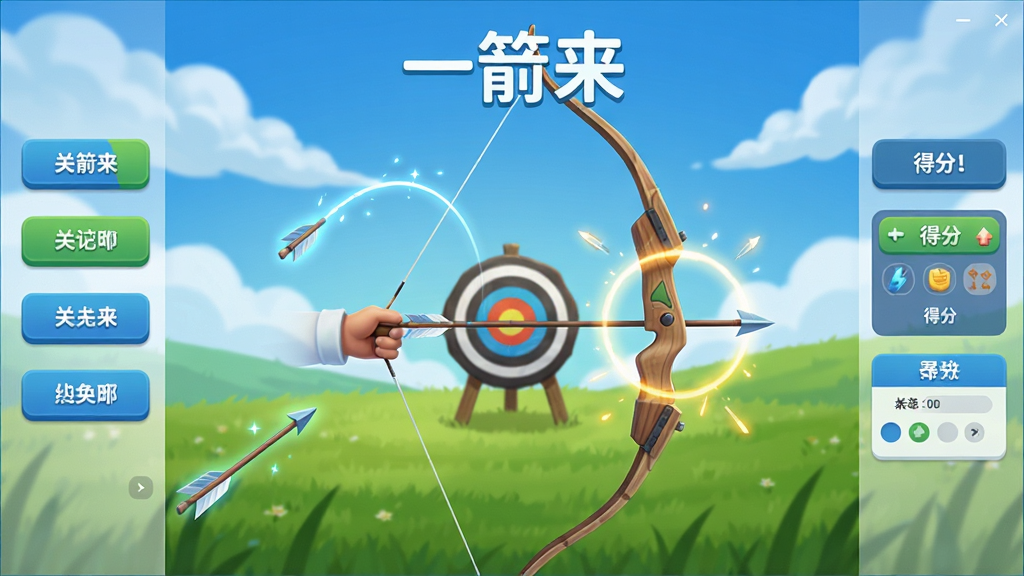一箭来软件主界面全貌展示,画面中央是一把拉满的弓箭瞄准远处靶心,背景为蓝天白云与绿色草地,界面两侧分布关卡按钮与得分面板,整体风格清新明快,色彩以蓝绿白为主,布局采用居中对称式排版,细节包含箭矢轨迹线条与命中特效光晕,画质高清干净,无多余元素,图片中文字标注“一箭来”