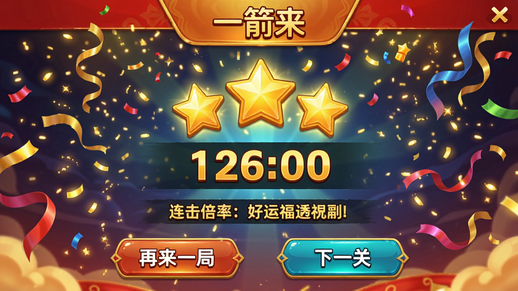 一箭来游戏胜利结算界面,画面中央显示三星评价与得分数字,背景有金色粒子飘落与彩带效果,界面下方有“再来一局”与“下一关”按钮,风格喜庆明亮,色彩以金色红色为主,布局采用上下结构,细节包含连击倍率显示与好运祝福文字,画质高清干净,图片中文字标注“一箭来”