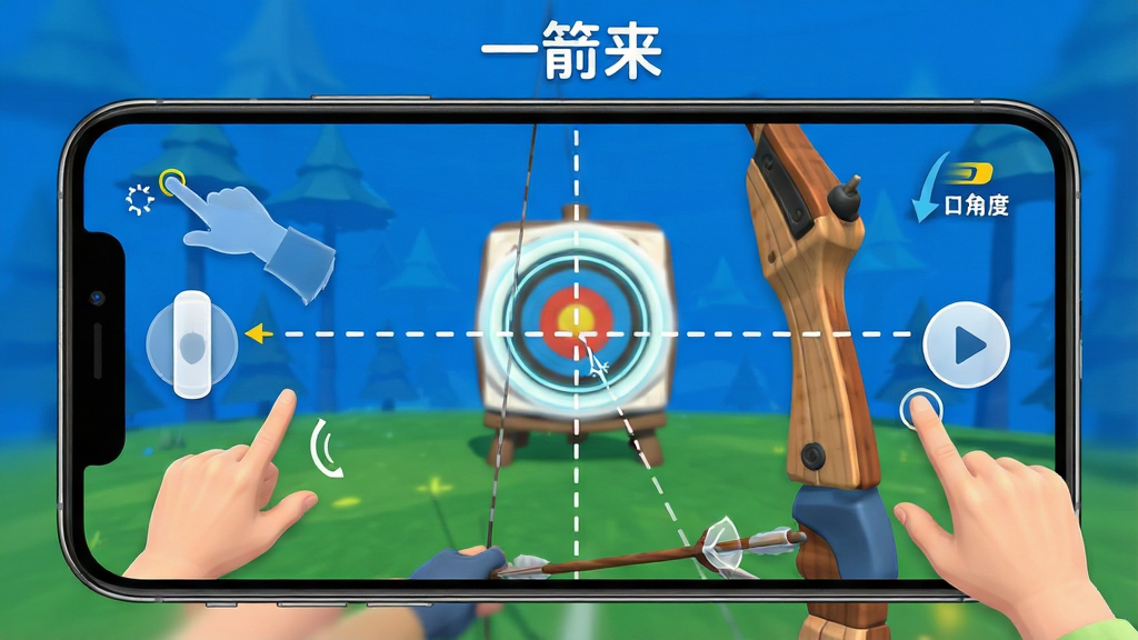 一箭来新手操作指引界面,画面展示手机屏幕内弓箭瞄准远处靶心的第一人称视角,屏幕边缘有手势滑动轨迹示意与力度角度标注,风格简洁明快,色彩以蓝白为主,布局采用全屏沉浸式构图,细节包含虚线瞄准轨迹与靶心高亮光圈,画质清晰干净,图片中文字标注“一箭来”