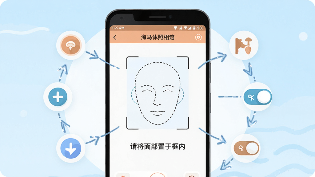 海马体照相馆新手操作指引示意图,画面主体为一部安卓手机,屏幕中显示海马体照相馆APP的拍摄引导页面,页面内有虚线人脸轮廓与文字提示“请将面部置于框内”,手机周围环绕箭头指示图标与权限开关图标,布局为环绕式构图,风格为扁平化插画风,细节包括清晰的引导线、柔和的提示文字、简洁的图标造型,画质高清,干净无多余元素