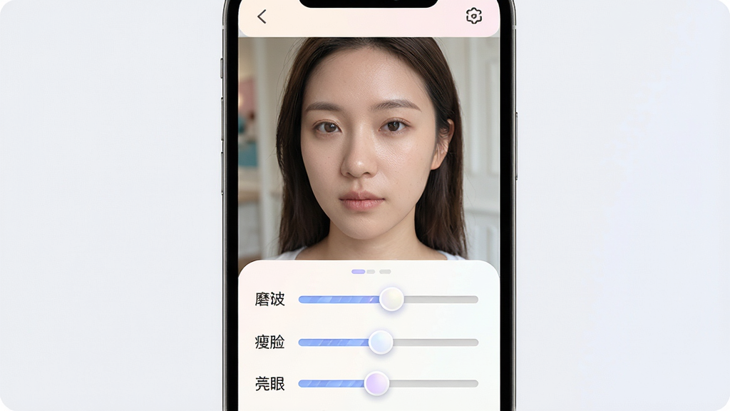 海马体照相馆美颜与修图功能展示,画面主体为手机屏幕中的美颜调节面板,面板上排列着磨皮、瘦脸、亮眼、美白等滑块控件,屏幕中央为人像照片的实时预览,布局采用上下结构,上方为照片预览区,下方为参数调节区,风格为柔和圆角设计,细节包括滑块的高光质感、人像皮肤的细腻纹理、界面元素的淡雅配色,画质为高清,干净无多余元素