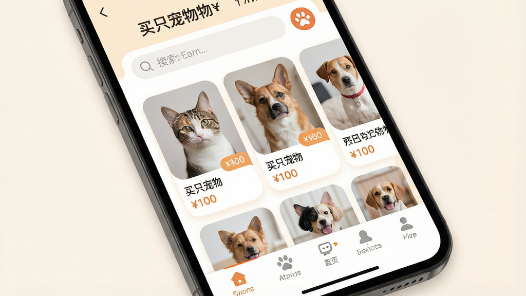 一张展示手机屏幕的图片,屏幕中显示“买只宠物”APP的首页界面,页面顶部有搜索栏,中部是各种可爱宠物猫狗的照片卡片,底部有导航栏。整体布局清晰,风格温馨明亮,细节包括宠物图片圆角处理、价格标签清晰可见,画质高清,干净,无多余元素。
