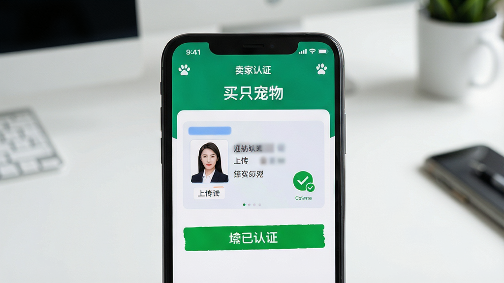 一个手机屏幕特写,屏幕中显示“买只宠物”APP的卖家认证页面,页面上有身份证上传区域和已认证的绿色标识。背景是简洁的办公桌面,布局居中,风格商务简洁,细节清晰,画质高清,干净,无多余元素。