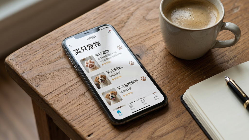 一部手机放置在木质桌面上,屏幕显示“买只宠物”APP的宠物百科文章列表,文章标题清晰可见。旁边放着一杯咖啡和一本笔记本,整体布局舒适,风格清新文艺,细节表现屏幕反光和木纹质感,画质高清,干净,无多余元素。