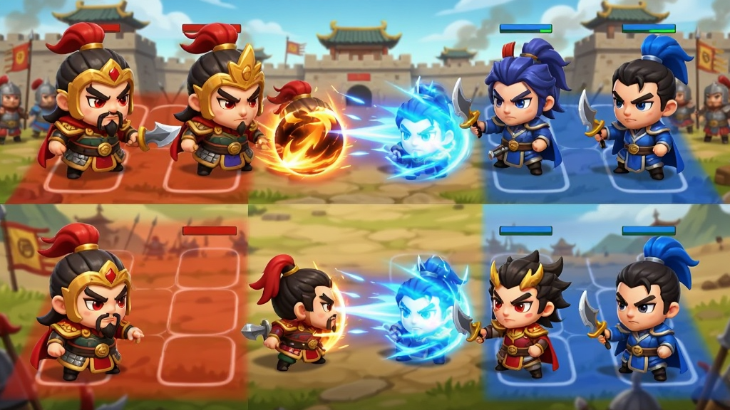 画面呈现一个六宫格战斗场景,左侧是红色方Q版武将阵容,右侧是蓝色方Q版武将阵容,中间有技能特效光效,背景为古代战场,风格卡通渲染,色彩对比鲜明,画质清晰,无多余元素