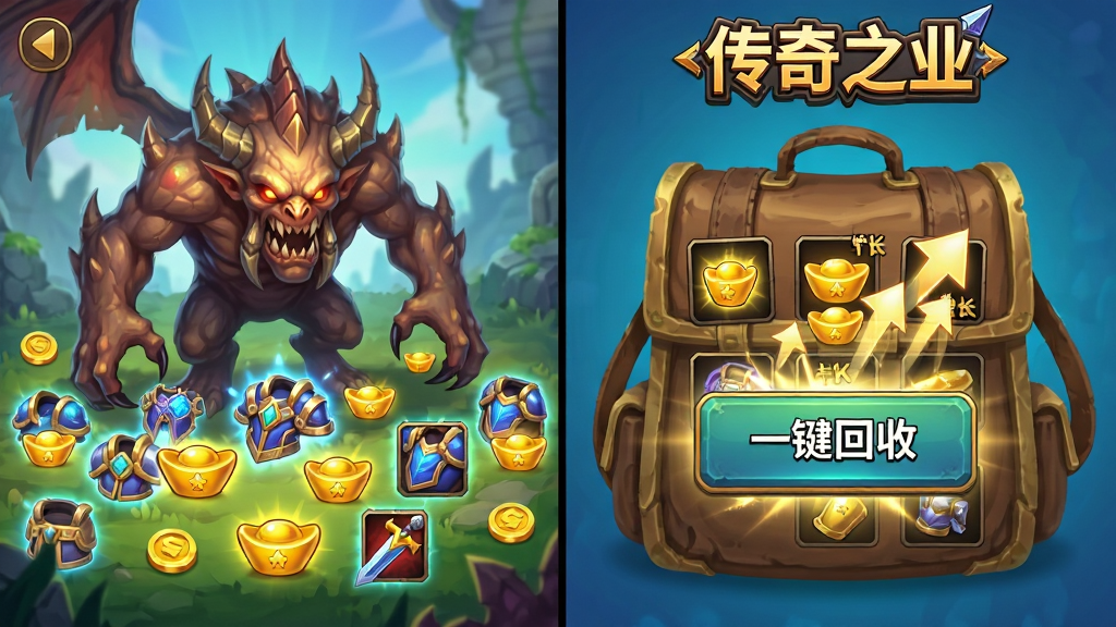画面采用左右分栏布局,左侧展示怪物掉落满地发光装备的场景,右侧展示背包界面中一键回收按钮与元宝数量增长的动态效果,顶部有“传奇之业”标识,整体风格为明亮鲜艳的游戏UI风格,细节包含金币、元宝、装备图标,画质清晰,干净,无多余元素