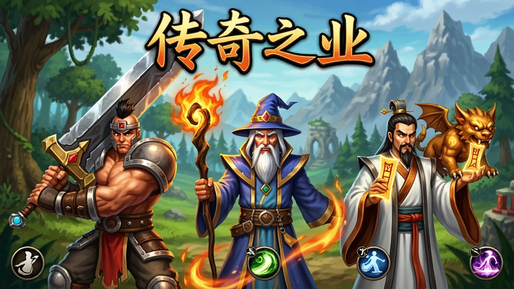 画面中央展示三个并排站立的游戏角色,左侧是手持巨剑的战士,中间是法杖环绕火焰的法师,右侧是手持道符召唤神兽的道士,背景是玛法大陆的森林与山脉,顶部有“传奇之业”标题,风格为经典传奇宣传画风格,细节包含技能光效与职业图标,画质高清,干净,无多余元素