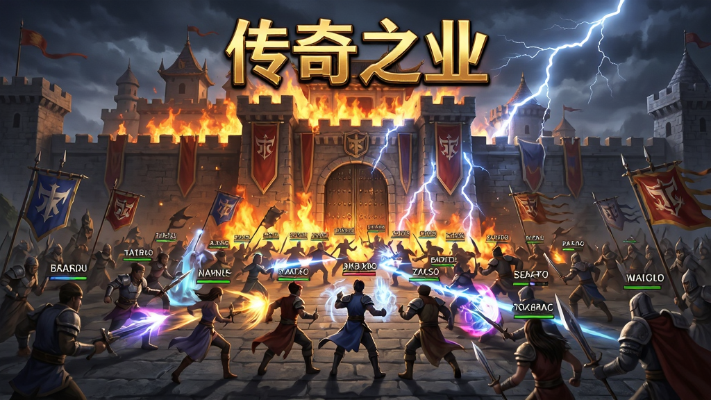画面展示大规模玩家在沙巴克皇宫前混战的场景,技能光效铺满屏幕,城门被火焰与雷电包围,画面顶部有“传奇之业”金色标题,风格为史诗级攻城战宣传图,细节包含行会旗帜与角色名字,画质高清,干净,无多余元素