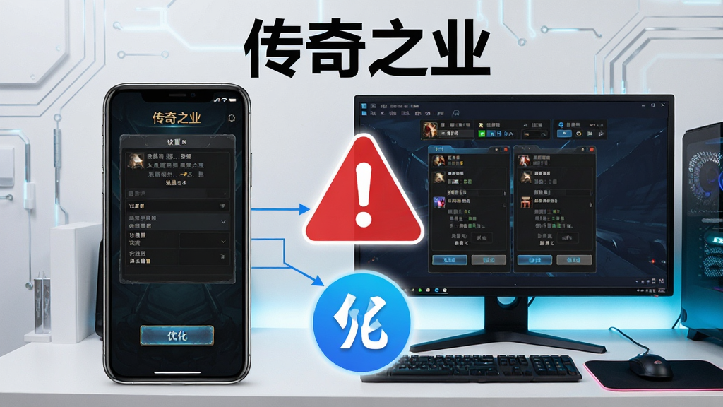 画面展示一部手机与一台电脑并排摆放,手机屏幕显示传奇之业游戏设置界面,电脑屏幕显示模拟器多开窗口,画面中央有红色警示标志与蓝色优化图标,背景为简洁的科技风格桌面,顶部有“传奇之业”文字,风格为教程类信息图,细节包含设置选项与按钮,画质清晰,干净,无多余元素