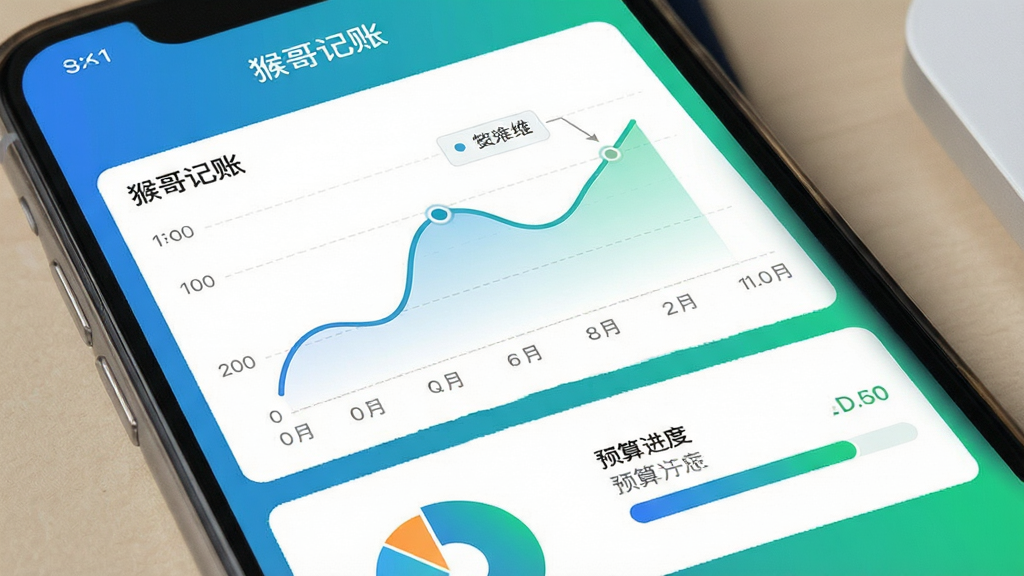 猴哥记账智能报表与预算提醒界面,画面展示手机屏幕上的折线图、饼图与预算进度条,配色采用蓝绿渐变,风格简洁商务,细节清晰,画质干净,文字标注“猴哥记账”