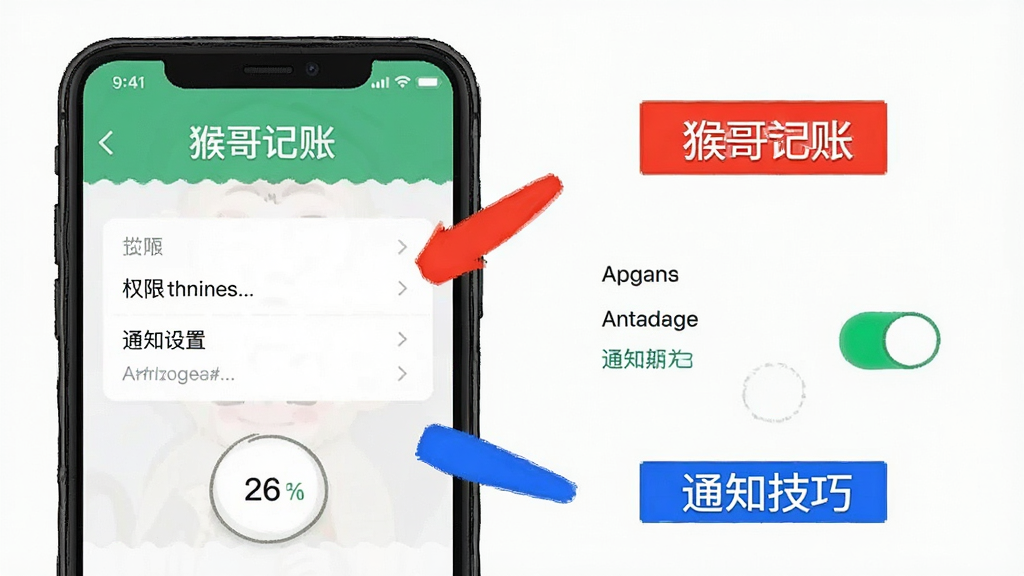 猴哥记账移动端使用技巧示意图,画面展示手机屏幕上的权限设置界面与通知开关,旁边有红色和蓝色标注箭头,风格为教程插画,画质清晰,文字标注“猴哥记账”