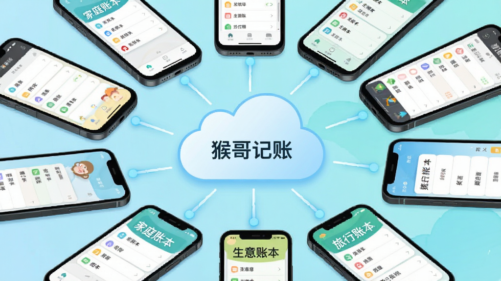 猴哥记账多账本协同界面,画面展示多部手机围绕一个中心数据云同步,每部手机屏幕显示不同账本名称如“家庭账本”“生意账本”“旅行账本”,风格为现代商务插画,配色清新,画质干净,文字标注“猴哥记账”