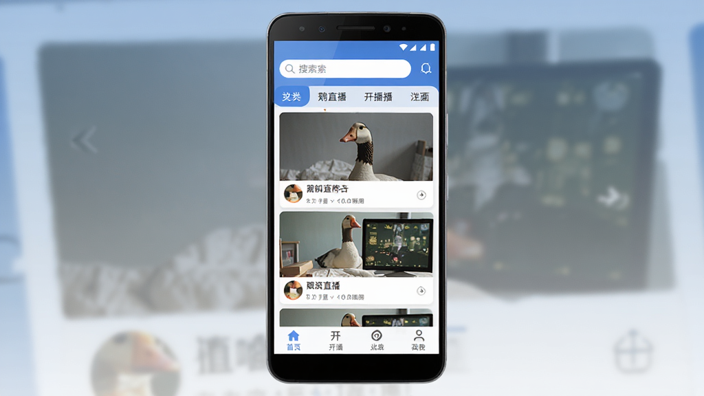 鹅直播手机应用主界面展示,画面中央为一部竖向摆放的安卓手机,屏幕内呈现直播软件首页布局,顶部搜索栏与分类标签,中部为直播间卡片列表,底部导航栏包含首页开播消息我的四个图标,整体采用蓝白渐变配色,风格简洁现代,细节清晰,画质干净,无多余元素,适合作为软件下载站预览图