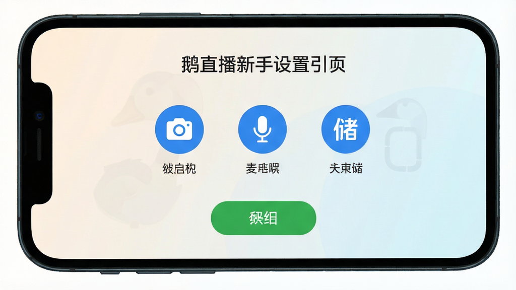 鹅直播新手设置引导页面,手机屏幕显示权限开启引导,包含相机麦克风存储三个权限图标与开启按钮,背景为浅色渐变,图标风格统一,画质清晰,无多余元素