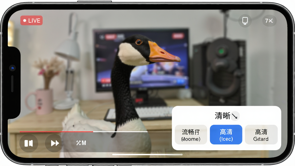 鹅直播画质切换界面,手机屏幕显示直播播放页面,右下角弹出清晰度选择菜单,包含流畅标清高清三个选项,当前选中高清,画面背景为直播间场景,风格简洁,画质干净,无多余元素
