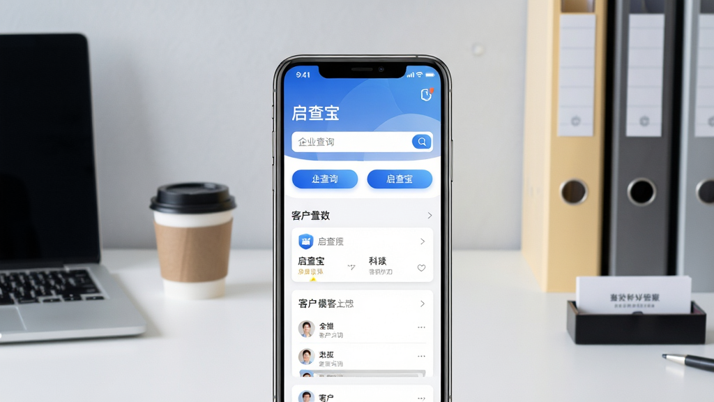 画面中央放置一部智能手机,屏幕上显示“启查宝”软件主界面,界面包含企业查询搜索框和客户列表卡片,背景为现代简约办公桌面,左侧摆放笔记本电脑和咖啡杯,右侧有文件夹与名片盒,整体布局采用居中构图,风格为清爽商务风,细节包括蓝色渐变按钮、白色卡片、浅灰背景,画质高清,干净,无多余元素