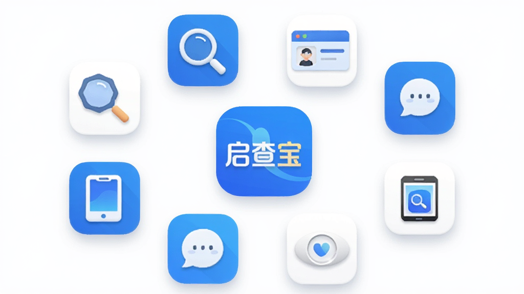 画面中央为“启查宝”软件的功能图标集合,包括放大镜、客户卡片、消息提醒、手机设备等元素,图标以扁平化风格排列在浅色背景上,布局为环形围绕中心Logo,风格为清新简约风,细节包括圆角图标、柔和阴影、蓝白配色,画质高清,干净,无多余元素