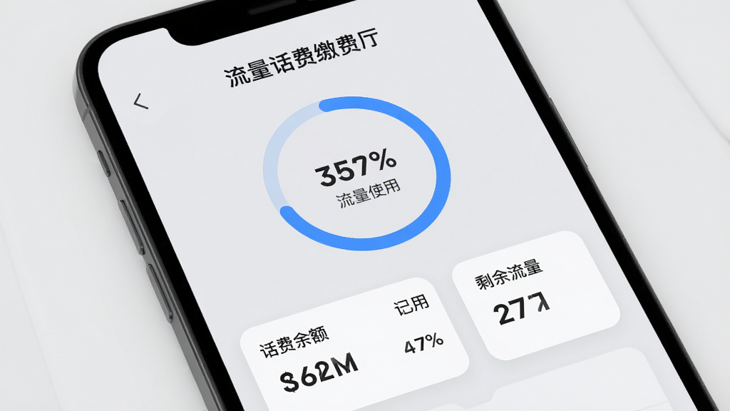 手机屏幕特写,展示“流量话费缴费厅”的余额查询结果页面,页面上有圆形进度条显示流量使用百分比,下方列出话费余额、已用流量、剩余流量等数据卡片,配色采用浅灰与蓝色搭配,风格极简清爽,排版整齐,画质高清,无多余装饰