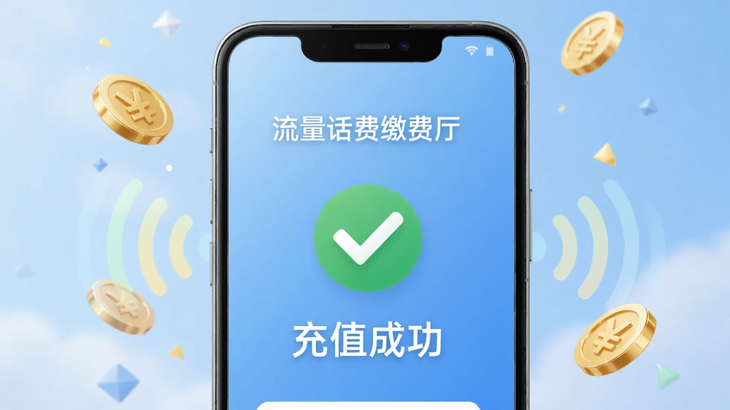 一部安卓手机屏幕上显示“流量话费缴费厅”的充值成功页面,画面中有绿色的对勾图标和“充值成功”字样,背景是柔和的蓝色渐变,手机周围有金币和信号波纹的装饰元素,风格清新明快,画质干净,主体突出,无杂乱元素