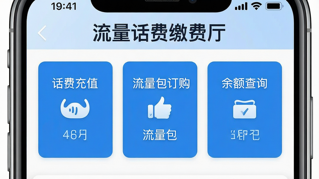 一张干净整洁的手机应用界面截图,画面中央展示“流量话费缴费厅”软件的主页,页面顶部有醒目的软件名称“流量话费缴费厅”,下方排列着话费充值、流量包订购、余额查询三个大按钮,界面采用蓝白配色,风格简约商务,布局清晰,细节精致,画质清晰,无多余元素