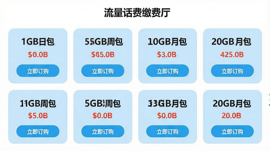 一张展示“流量话费缴费厅”流量包订购页面的图片,页面中排列着多个流量包卡片,分别标注“1GB日包”“5GB周包”“20GB月包”等字样,每个卡片配有价格标签和“立即订购”按钮,背景为白色,卡片为浅蓝色圆角矩形,风格清新浅色,布局规整,画质清晰,无杂乱元素