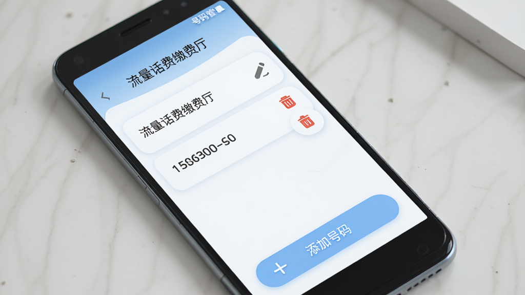 一部安卓手机展示“流量话费缴费厅”的号码管理页面,页面中列出了三个已保存的手机号码,每个号码旁边有编辑和删除图标,底部有“添加号码”按钮,界面风格柔和圆角,配色为浅蓝与白色,排版简洁,画质清晰,无多余元素