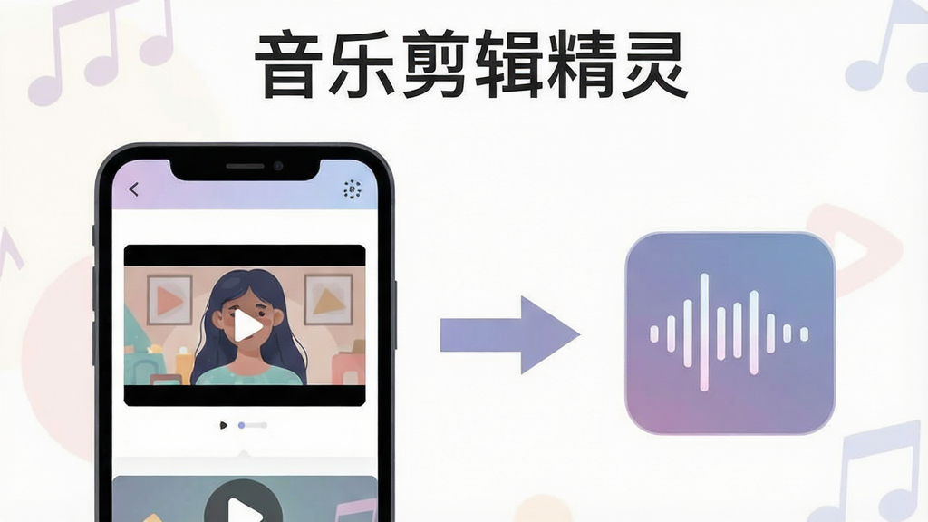 一张音乐剪辑精灵视频提取音频功能的示意图,画面中手机屏幕左侧显示视频文件缩略图,右侧通过箭头指向一个音频波形图标,屏幕上方有“音乐剪辑精灵”文字,整体采用扁平化设计风格,色彩柔和,画面干净,高清画质,适合下载站文章配图