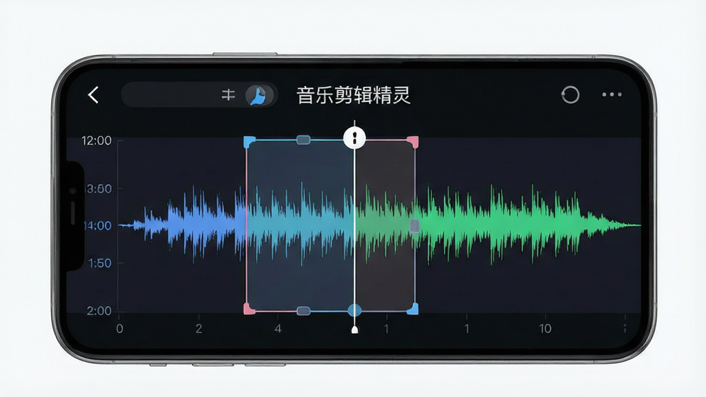 一张音乐剪辑精灵音频剪切界面的功能展示图,画面主体是手机屏幕上显示的音频波形图,波形上有可拖动的选区标记,时间刻度清晰可见,界面顶部显示“音乐剪辑精灵”名称,风格简洁现代,深色背景配亮色波形,画质清晰,无多余元素