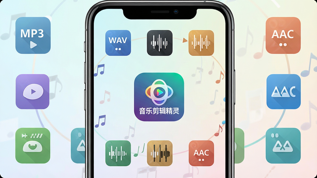 一张音乐剪辑精灵格式转换功能的界面截图风格图片,画面展示手机屏幕中多个音频格式图标环绕排列,中央是“音乐剪辑精灵”软件标志,背景为浅色渐变,图标包含MP3、WAV、AAC等字样,整体排版整洁有序,风格清新,高清画质,无杂乱元素