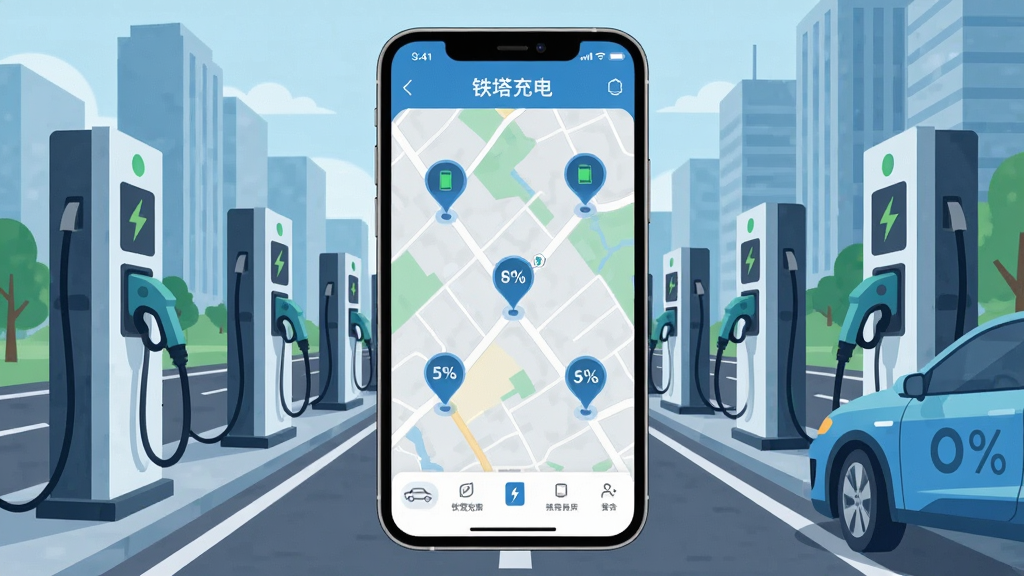 画面中央展示一部智能手机,手机屏幕显示铁塔充电APP首页界面,地图上标注多个充电站图标,界面顶部有“铁塔充电”文字标识,背景是城市道路与充电桩实景融合,布局采用居中构图,风格为科技感扁平化插画,细节包括充电枪、电动汽车轮廓、电量百分比符号,画质清晰,干净,无多余元素