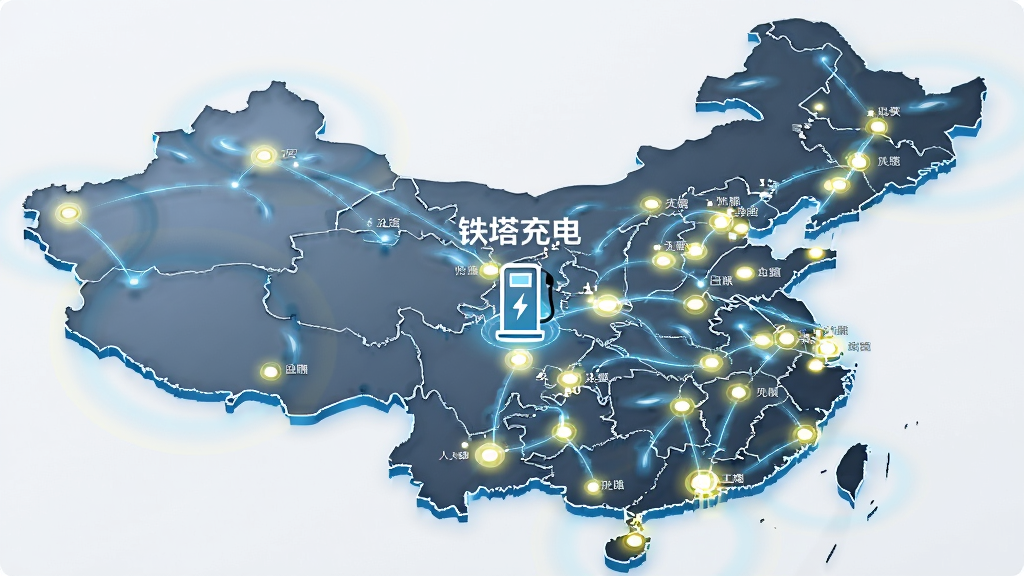 一张中国地图轮廓上密布发光圆点代表充电站,每个圆点连接线条形成网络,地图中央放置一个充电桩图标,上方标注“铁塔充电”字样,布局为横向宽幅,风格为现代科技感数据可视化,细节有光晕、连接线、城市名称标签,画质清晰,干净,无多余元素