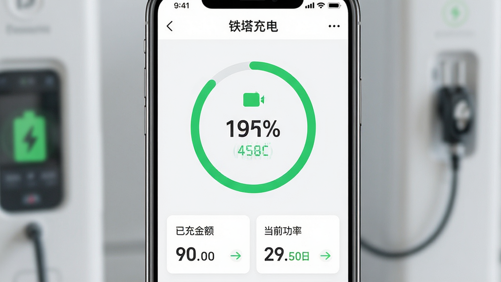 手机屏幕特写展示铁塔充电APP充电监控页面,页面中有圆形进度条显示充电百分比,下方列出已充金额、充电时长、当前功率等数据卡片,界面顶部有“铁塔充电”文字标识,布局为竖向手机界面展示,风格为清爽UI设计图,细节包括绿色充电图标、数字跳动效果,画质清晰,干净,无多余元素