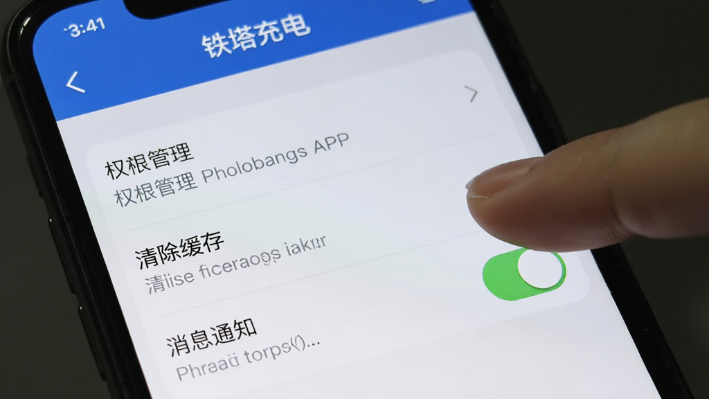 手机屏幕显示铁塔充电APP设置页面,包含权限管理、清除缓存、消息通知开关等选项,界面顶部有“铁塔充电”文字标识,布局为手机界面竖向展示,风格为写实UI截图风格,细节有手指点击开关的示意,画质清晰,干净,无多余元素