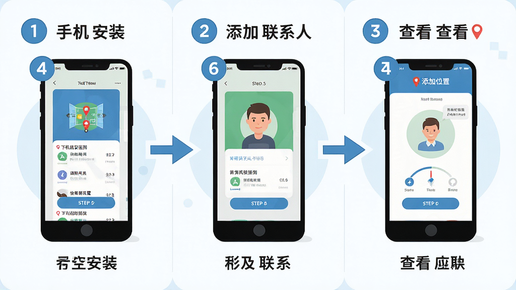 手机定位找人使用教程示意图,画面主体为一部手机展示分步操作流程,从下载安装到添加联系人到查看位置共三个步骤,布局为横向三格排列,风格为扁平化教程插画风,细节包括步骤数字标识、手机界面缩略图、箭头引导线,画质高清,干净,无多余元素