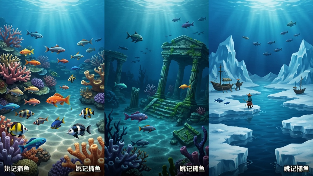 主体为游戏内多个鱼场场景的拼接展示,布局为左中右三格分割,分别呈现珊瑚礁、深海遗迹、极地冰海,排版为横向排列,风格为奇幻写实,细节包含各场景特有的鱼类与光影效果,画质高清,画面干净,无多余元素,每个场景角落标注文字“姚记捕鱼”