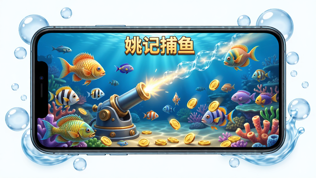 主体为一部智能手机横向展示,屏幕上呈现色彩斑斓的深海捕鱼场景,各种鱼类游动,炮台瞄准发射,布局为手机位于画面中央,周围环绕海洋元素气泡与水波纹,排版简洁居中,风格为写实3D渲染,细节包含鱼鳞反光、水波折射、金币掉落特效,画质高清,画面干净,无多余元素,屏幕内显示文字“姚记捕鱼”