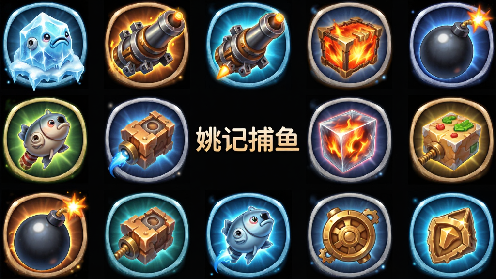 主体为游戏道具图标集合,布局为圆形网格排列,排版整齐,风格为卡通写实,细节包含冰冻术、狂暴炮、全屏炸弹等道具图标,每个图标带有光效,画质高清,画面干净,无多余元素,中心位置标注文字“姚记捕鱼”