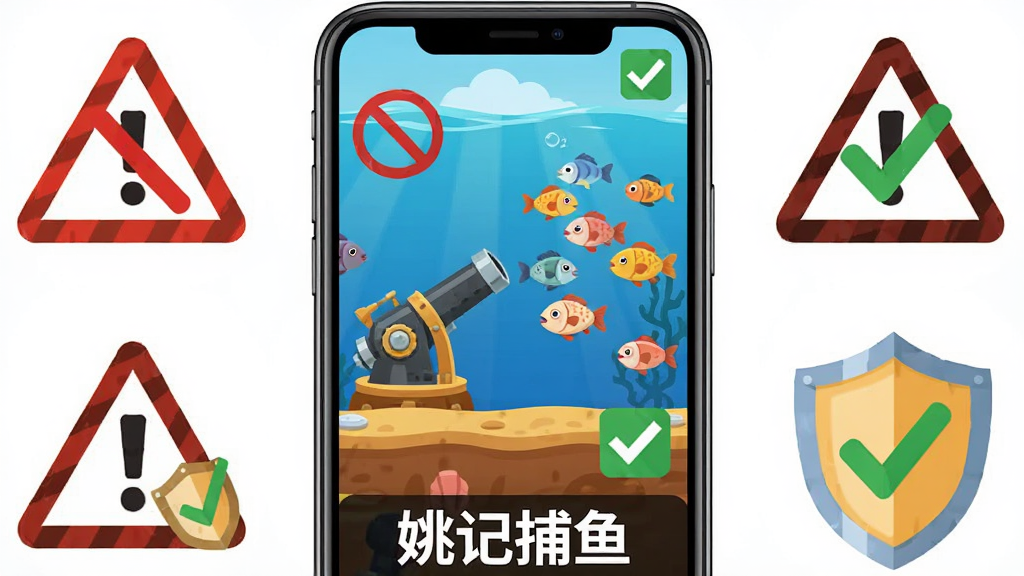 主体为手机屏幕显示姚记捕鱼游戏界面,布局为手机竖屏居中,屏幕内显示炮台与鱼群,周围环绕警示图标与盾牌,排版简洁,风格为扁平插画,细节包含红色禁止符号与绿色对勾,画质高清,画面干净,无多余元素,屏幕下方标注文字“姚记捕鱼”